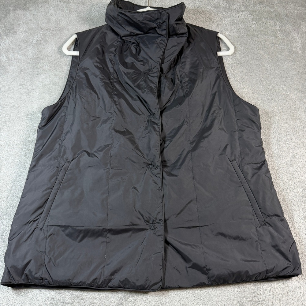 Eileen Fisher Down Puffer Vest Women Medium Black Funnel Neck Snap Front Winter